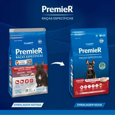 Nova embalagem Racao Premier Racas Especificas Bulldog Frances Adultos Frango